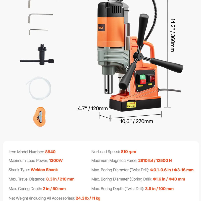 VEVOR magnētiskā urbjmašīna, 1300 W motors, Ø 40 mm urbuma diametrs, 12 500 N magnētiskā saķere, 810 apgr./min tukšgaitas ātrums, elektriskā magnētiskā urbjmašīna metālam, rūpniecībai un mājsaimniecībai