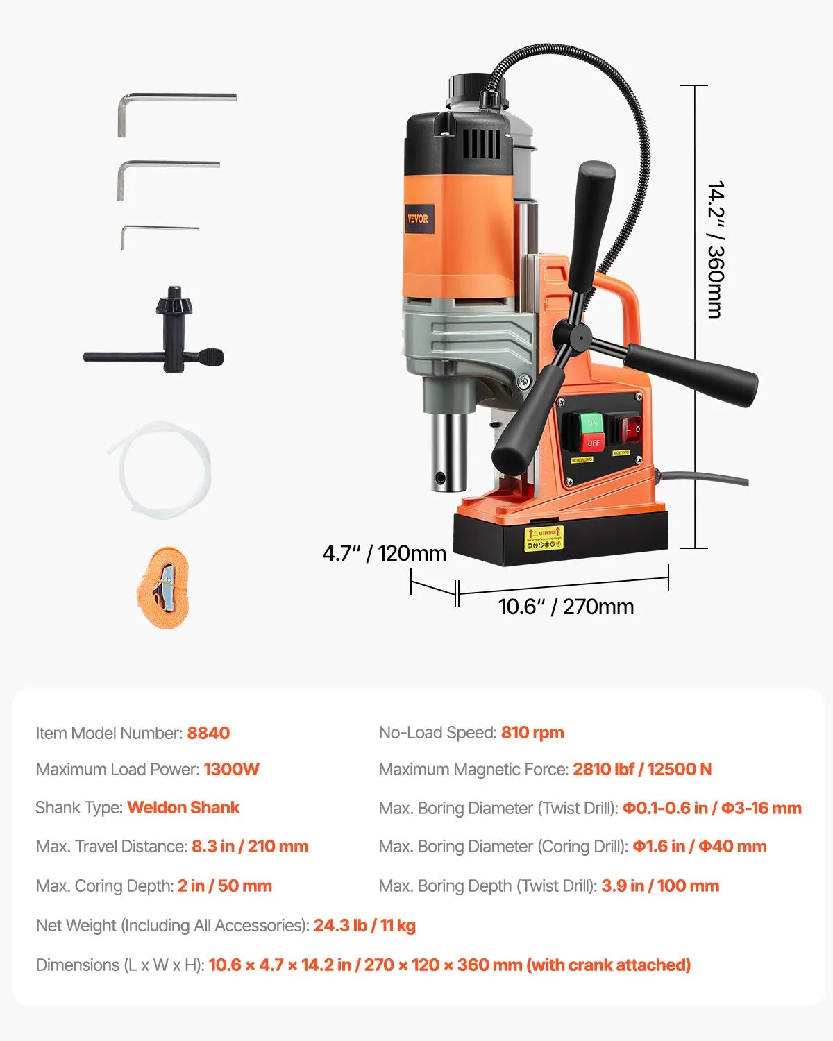 VEVOR Magnetic Drill, 1300 W Motor, Ø 40 mm Drilling Diameter, 12,500 N Magnetic Grip, 810 RPM No-Load Speed, Electric Magnetic Drill for Metal, Industrial and Domestic Use