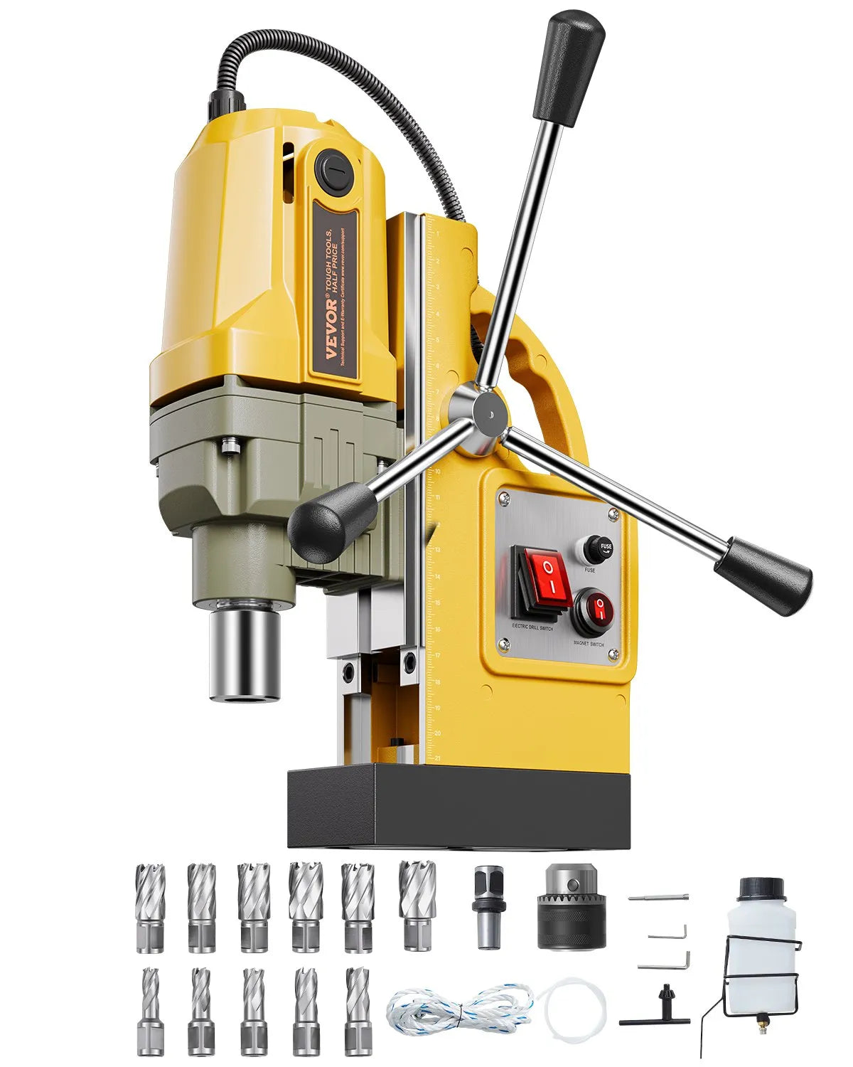 VEVOR Magnetic Drill Press, 1400 W Motor, 40 mm Drilling Diameter, 12,500 N Portable Electric Magnetic Drill Press with 11 Core Drills, 800 RPM Speed, Metal Surface Drilling Machine for Home and Industrial Use