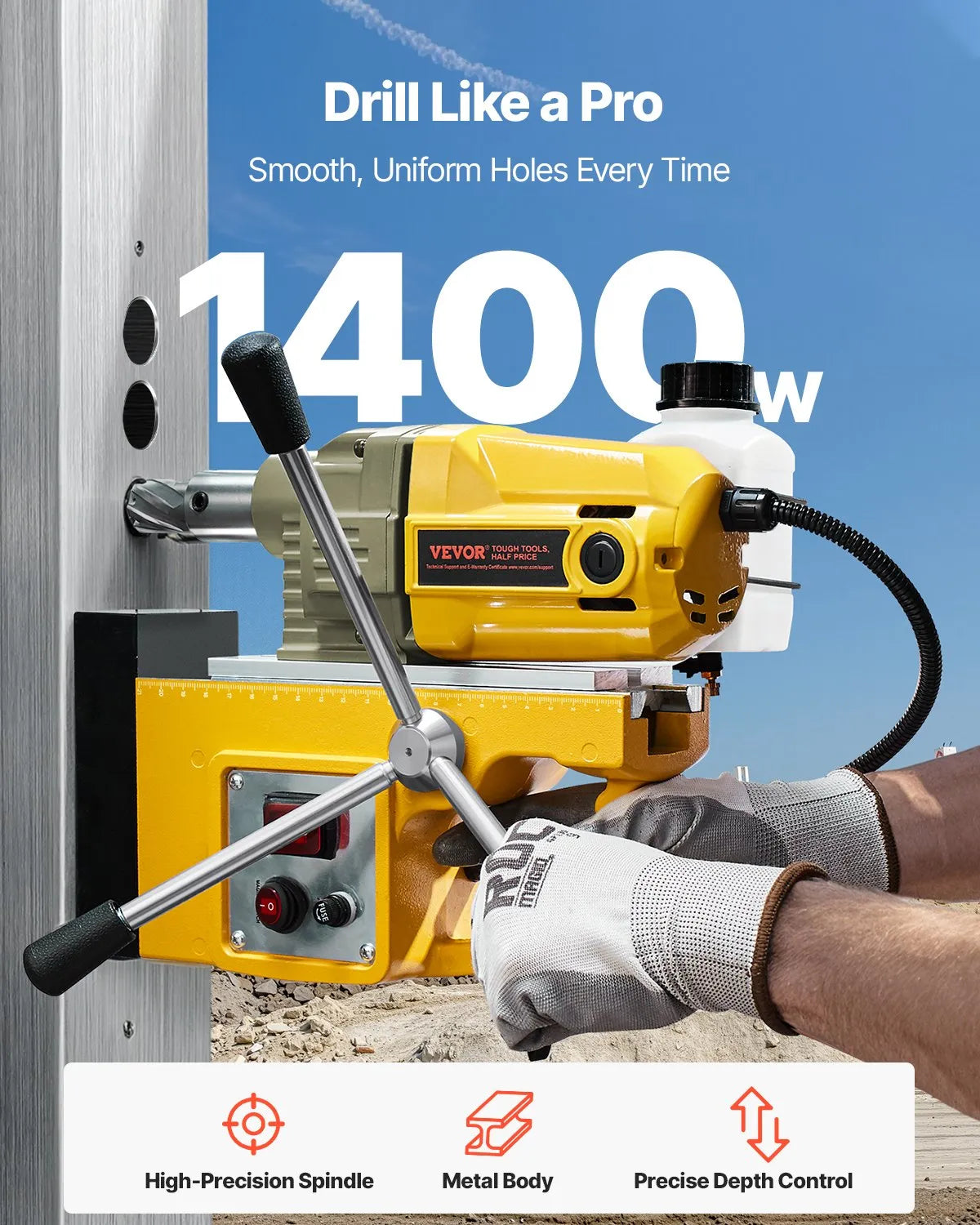 VEVOR Magnetic Drill Press, 1400 W Motor, 40 mm Drilling Diameter, 12,500 N Portable Electric Magnetic Drill Press with 11 Core Drills, 800 RPM Speed, Metal Surface Drilling Machine for Home and Industrial Use