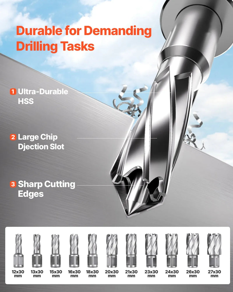 VEVOR magnētiskā urbjmašīna, 1400 W motors, 40 mm urbuma diametrs, 12 500 N pārnēsājama elektriskā magnētiskā urbjpresa, ar 11 serdeņa urbjiem, 800 apgr./min. ātrumu, urbjmašīna metāla virsmām, mājas un rūpniecības darbiem