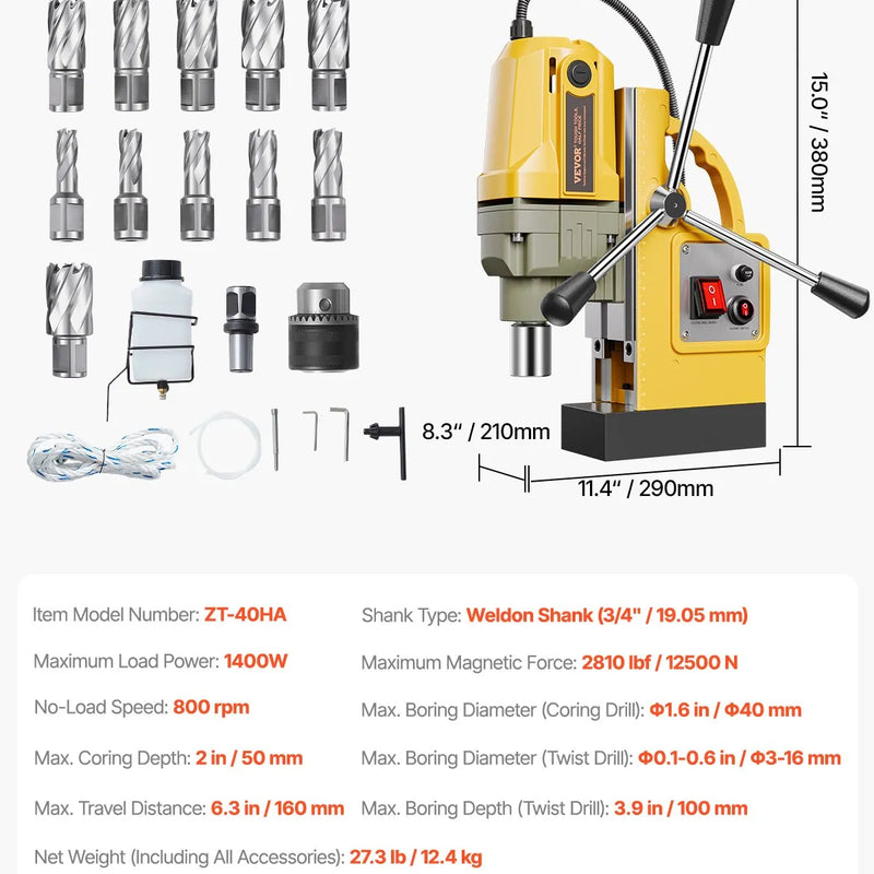 VEVOR magnētiskā urbjmašīna, 1400 W motors, 40 mm urbuma diametrs, 12 500 N pārnēsājama elektriskā magnētiskā urbjpresa, ar 11 serdeņa urbjiem, 800 apgr./min. ātrumu, urbjmašīna metāla virsmām, mājas un rūpniecības darbiem