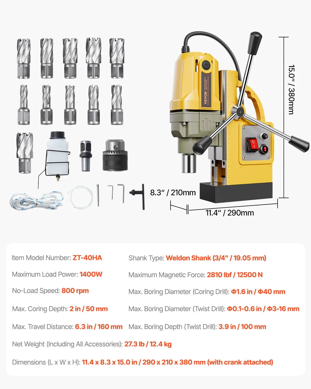 VEVOR Magnetic Drill Press, 1400 W Motor, 40 mm Drilling Diameter, 12,500 N Portable Electric Magnetic Drill Press with 11 Core Drills, 800 RPM Speed, Metal Surface Drilling Machine for Home and Industrial Use