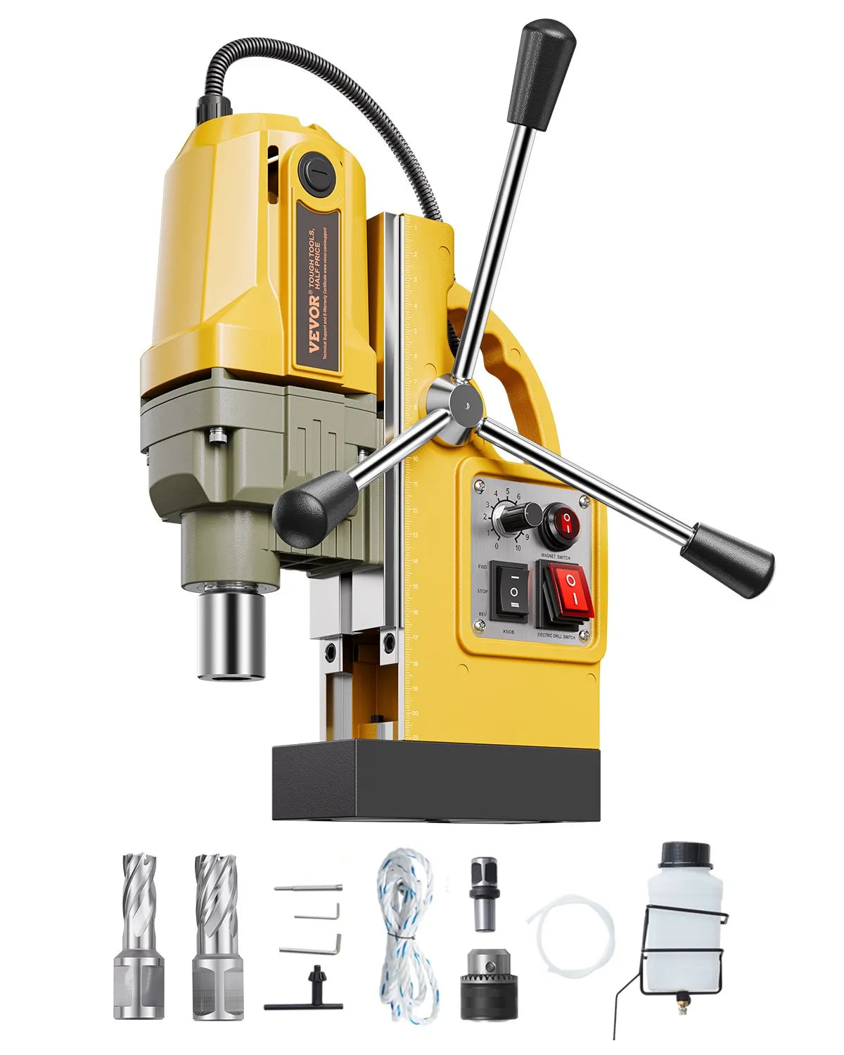 VEVOR Magnetic Drill, 1200 W Motor, 40 mm Drilling Diameter, 12,500 N Electric Magnetic Drill with 2 Cutters, Variable Speed, Drill for Metal Surfaces, Home and Industrial Work, Yellow