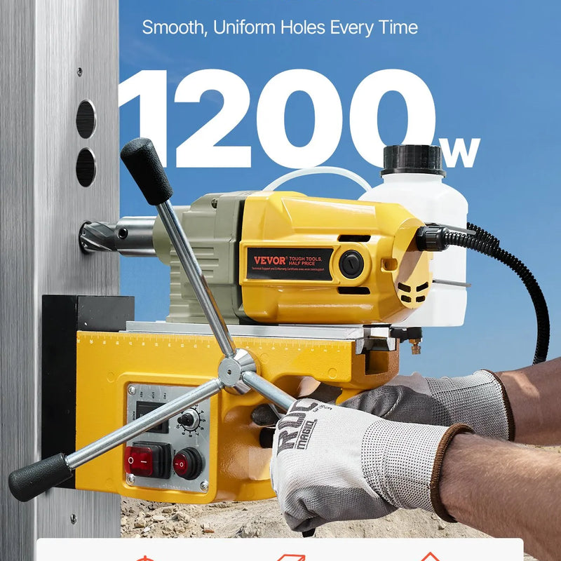 VEVOR magnētiskā urbjmašīna, 1200 W motors, 40 mm urbuma diametrs, 12 500 N elektriskā magnētiskā urbjmašīna ar 2 vainadziņiem, mainīgs ātrums, urbjmašīna metāla virsmām, mājas un rūpniecības darbiem, dzeltena