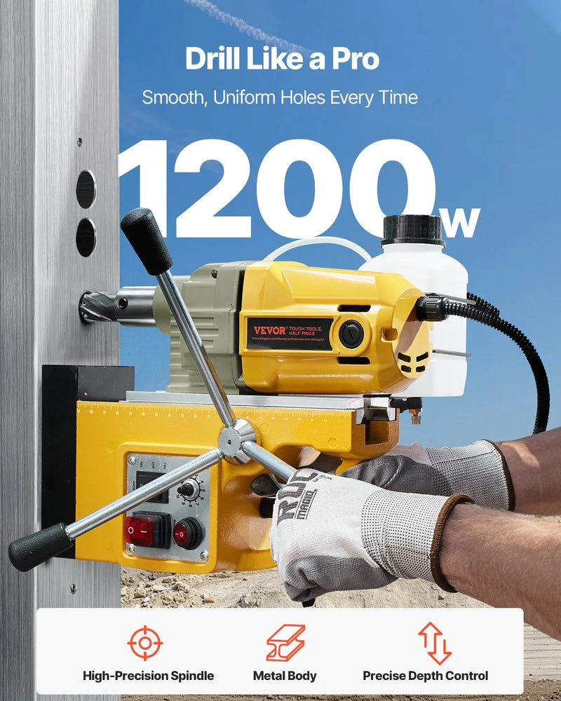 VEVOR magnētiskā urbjmašīna, 1200 W motors, 40 mm urbuma diametrs, 12 500 N elektriskā magnētiskā urbjmašīna ar 2 vainadziņiem, mainīgs ātrums, urbjmašīna metāla virsmām, mājas un rūpniecības darbiem, dzeltena