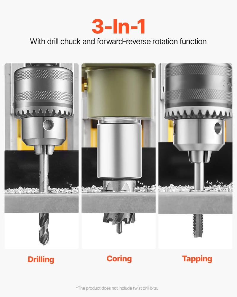 VEVOR magnētiskā urbjmašīna, 1200 W motors, 40 mm urbuma diametrs, 12 500 N elektriskā magnētiskā urbjmašīna ar 2 vainadziņiem, mainīgs ātrums, urbjmašīna metāla virsmām, mājas un rūpniecības darbiem, dzeltena
