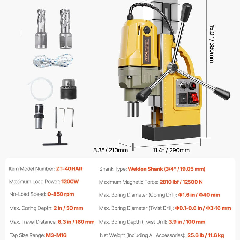 VEVOR magnētiskā urbjmašīna, 1200 W motors, 40 mm urbuma diametrs, 12 500 N elektriskā magnētiskā urbjmašīna ar 2 vainadziņiem, mainīgs ātrums, urbjmašīna metāla virsmām, mājas un rūpniecības darbiem, dzeltena