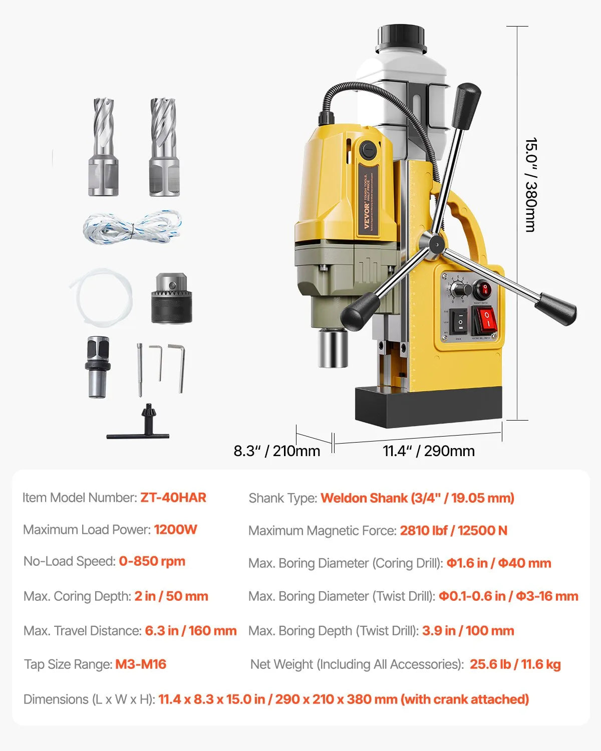 VEVOR Magnetic Drill, 1200 W Motor, 40 mm Drilling Diameter, 12,500 N Electric Magnetic Drill with 2 Cutters, Variable Speed, Drill for Metal Surfaces, Home and Industrial Work, Yellow