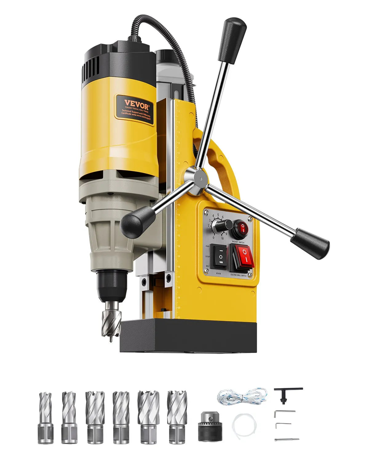VEVOR Magnetic Drill, 1400 W Motor, 50 mm Drilling Diameter, 12,800 N Magnetic Force, Electric Magnetic Drilling Press with 6 Core Drills, Variable Speed, Metal Surface Drill, Home and Industrial Use, Yellow