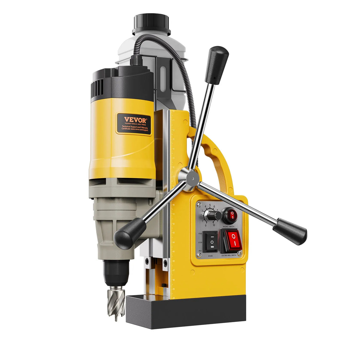 VEVOR Magnetic Drill, 1400 W Motor, 50 mm Drilling Diameter, 12,800 N Magnetic Force, Electric Magnetic Drilling Press with 6 Core Drills, Variable Speed, Metal Surface Drill, Home and Industrial Use, Yellow