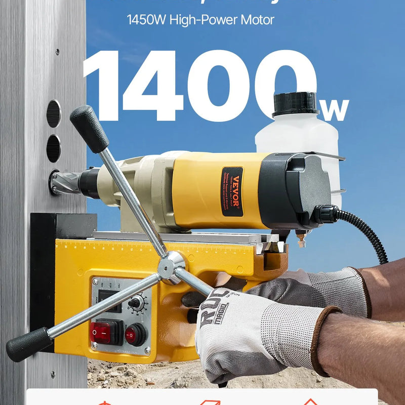 VEVOR magnētiskā urbjmašīna, 1400 W motors, 50 mm urbuma diametrs, 12 800 N magnētiskais spēks, elektriskā magnētiskā urbjpresa ar 6 serdeņa urbjiem, maināms ātrums, urbjmašīna metāla virsmām, mājas un rūpniecības darbiem, dzeltena