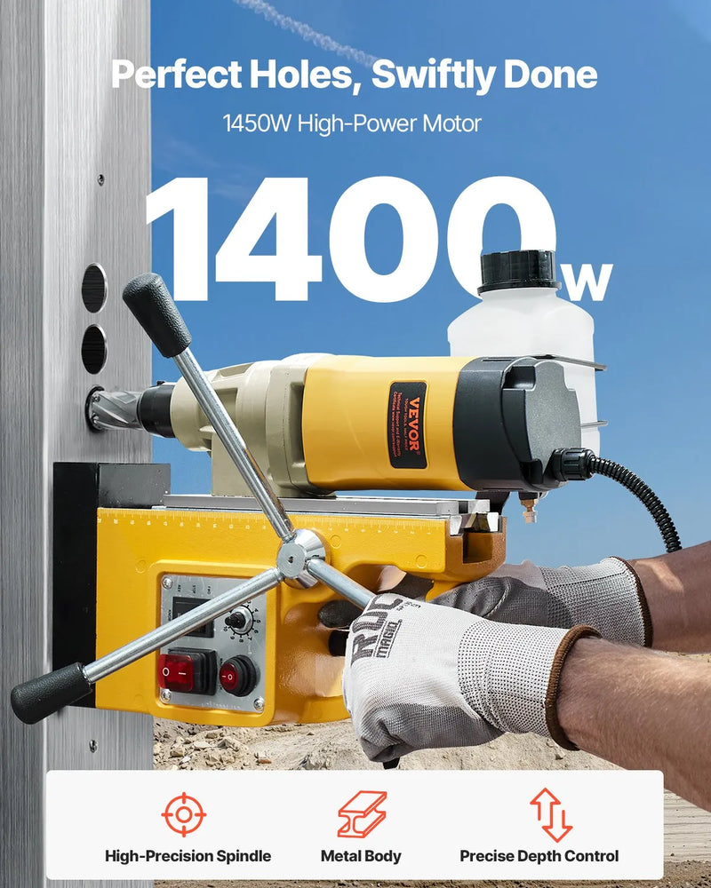 VEVOR magnētiskā urbjmašīna, 1400 W motors, 50 mm urbuma diametrs, 12 800 N magnētiskais spēks, elektriskā magnētiskā urbjpresa ar 6 serdeņa urbjiem, maināms ātrums, urbjmašīna metāla virsmām, mājas un rūpniecības darbiem, dzeltena