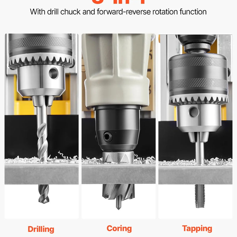 VEVOR magnētiskā urbjmašīna, 1400 W motors, 50 mm urbuma diametrs, 12 800 N magnētiskais spēks, elektriskā magnētiskā urbjpresa ar 6 serdeņa urbjiem, maināms ātrums, urbjmašīna metāla virsmām, mājas un rūpniecības darbiem, dzeltena