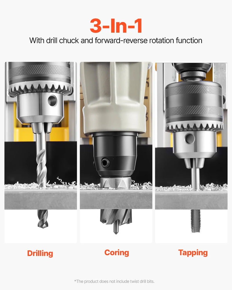 VEVOR magnētiskā urbjmašīna, 1400 W motors, 50 mm urbuma diametrs, 12 800 N magnētiskais spēks, elektriskā magnētiskā urbjpresa ar 6 serdeņa urbjiem, maināms ātrums, urbjmašīna metāla virsmām, mājas un rūpniecības darbiem, dzeltena