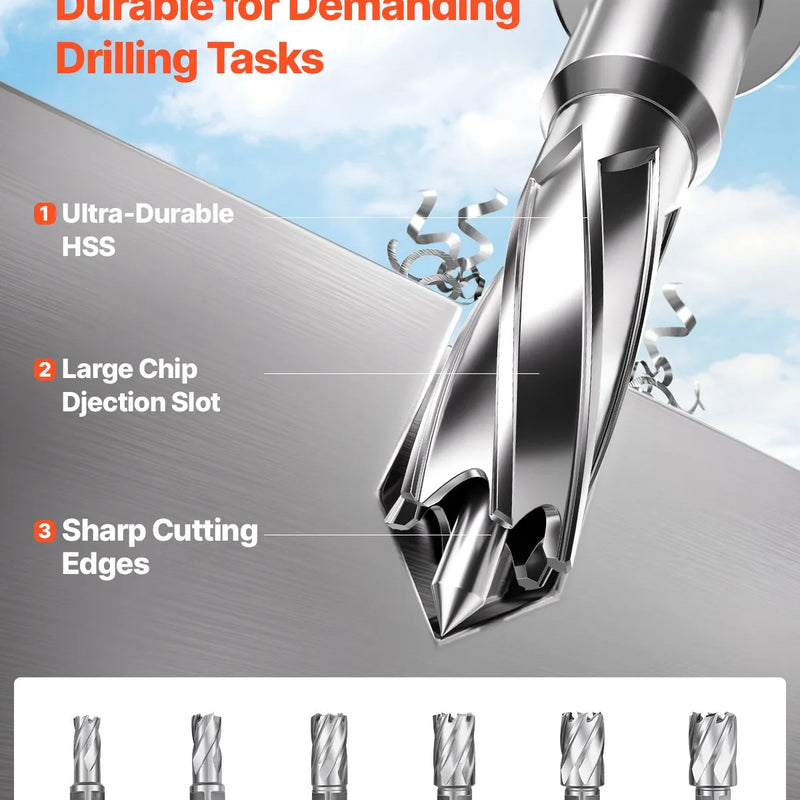 VEVOR magnētiskā urbjmašīna, 1400 W motors, 50 mm urbuma diametrs, 12 800 N magnētiskais spēks, elektriskā magnētiskā urbjpresa ar 6 serdeņa urbjiem, maināms ātrums, urbjmašīna metāla virsmām, mājas un rūpniecības darbiem, dzeltena