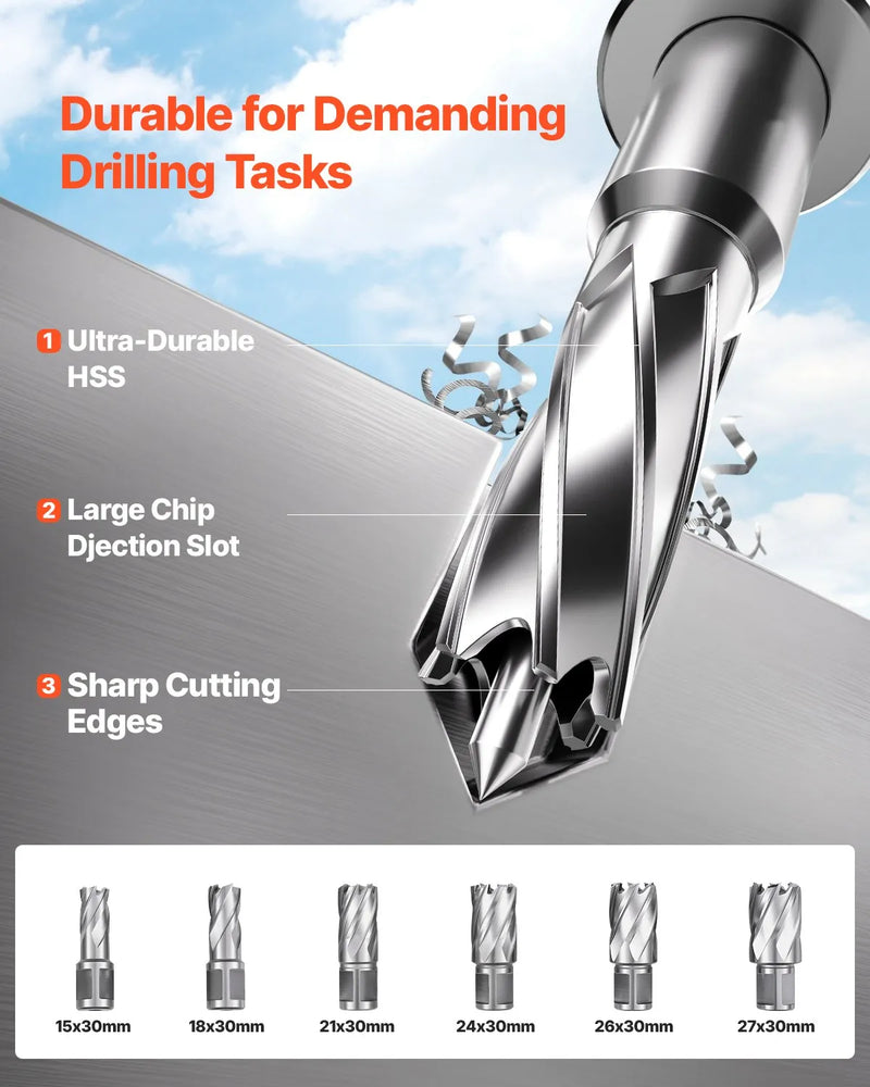 VEVOR magnētiskā urbjmašīna, 1400 W motors, 50 mm urbuma diametrs, 12 800 N magnētiskais spēks, elektriskā magnētiskā urbjpresa ar 6 serdeņa urbjiem, maināms ātrums, urbjmašīna metāla virsmām, mājas un rūpniecības darbiem, dzeltena