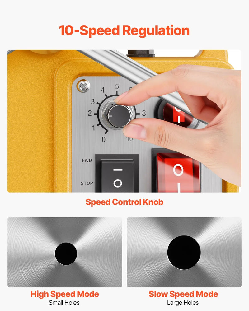 VEVOR magnētiskā urbjmašīna, 1400 W motors, 50 mm urbuma diametrs, 12 800 N magnētiskais spēks, elektriskā magnētiskā urbjpresa ar 6 serdeņa urbjiem, maināms ātrums, urbjmašīna metāla virsmām, mājas un rūpniecības darbiem, dzeltena