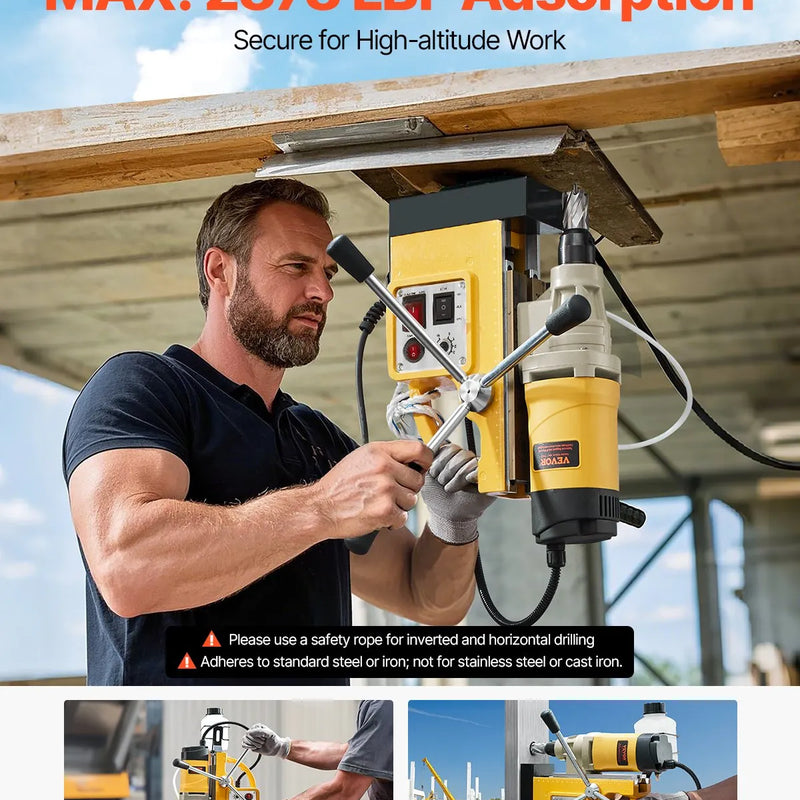 VEVOR magnētiskā urbjmašīna, 1400 W motors, 50 mm urbuma diametrs, 12 800 N magnētiskais spēks, elektriskā magnētiskā urbjpresa ar 6 serdeņa urbjiem, maināms ātrums, urbjmašīna metāla virsmām, mājas un rūpniecības darbiem, dzeltena