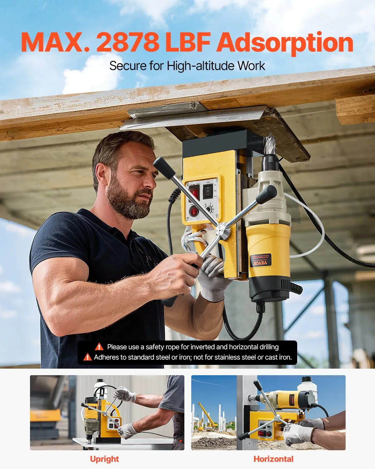VEVOR Magnetic Drill, 1400 W Motor, 50 mm Drilling Diameter, 12,800 N Magnetic Force, Electric Magnetic Drilling Press with 6 Core Drills, Variable Speed, Metal Surface Drill, Home and Industrial Use, Yellow