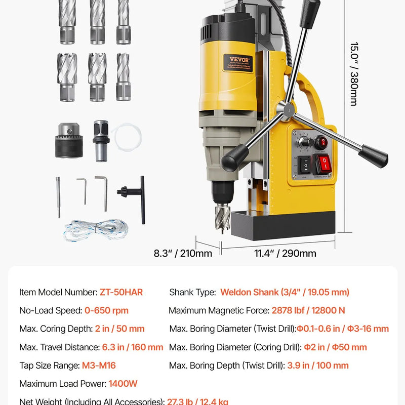 VEVOR magnētiskā urbjmašīna, 1400 W motors, 50 mm urbuma diametrs, 12 800 N magnētiskais spēks, elektriskā magnētiskā urbjpresa ar 6 serdeņa urbjiem, maināms ātrums, urbjmašīna metāla virsmām, mājas un rūpniecības darbiem, dzeltena