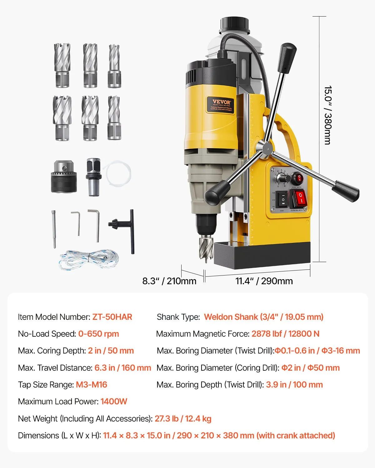 VEVOR Magnetic Drill, 1400 W Motor, 50 mm Drilling Diameter, 12,800 N Magnetic Force, Electric Magnetic Drilling Press with 6 Core Drills, Variable Speed, Metal Surface Drill, Home and Industrial Use, Yellow