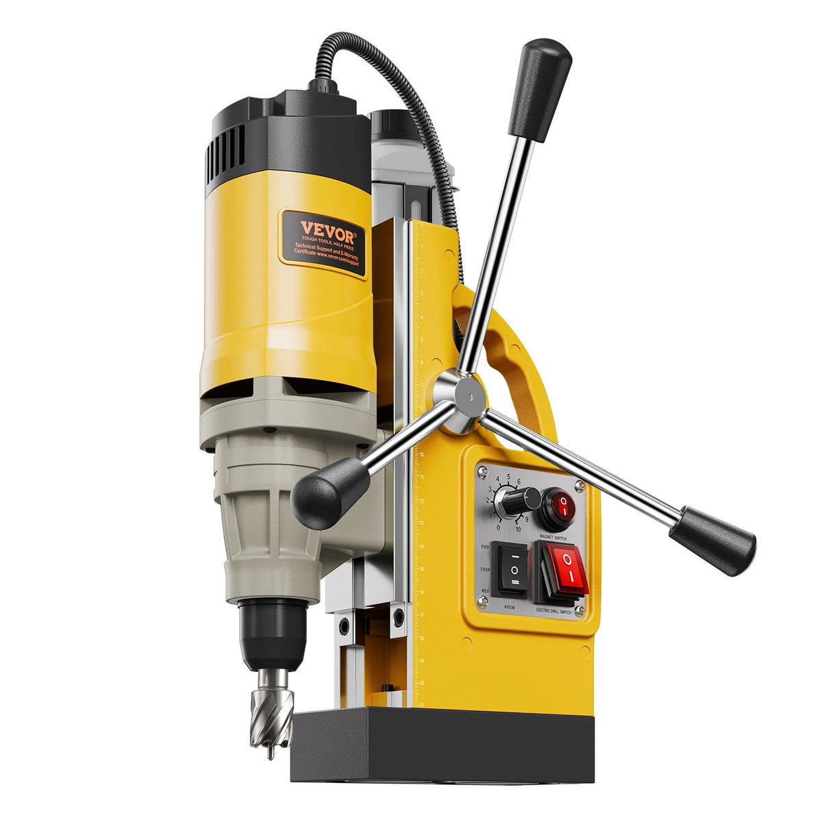 VEVOR Magnetic Drill, 1400 W Motor, 50 mm Drilling Diameter, 12,800 N Magnetic Force, Electric Magnetic Drilling Press with 6 Core Drills, Variable Speed, Metal Surface Drill, Home and Industrial Use, Yellow