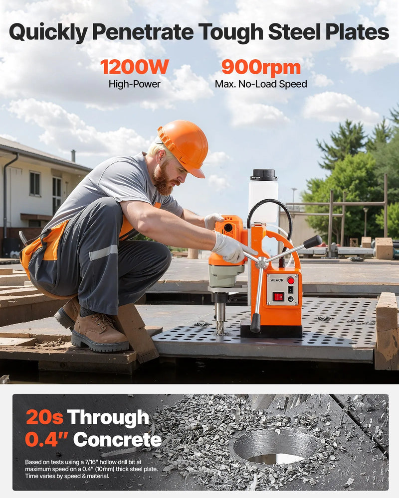 VEVOR magnētiskā urbjmašīna, 1200 W, 38 mm urbuma diametrs, 10 000 N magnētiskais spēks, 900 apgr./min. ātrums, ar Weldon stiprinājumu, efektīva dzesēšana, metāla virsmām, rūpniecībai un mājas darbiem