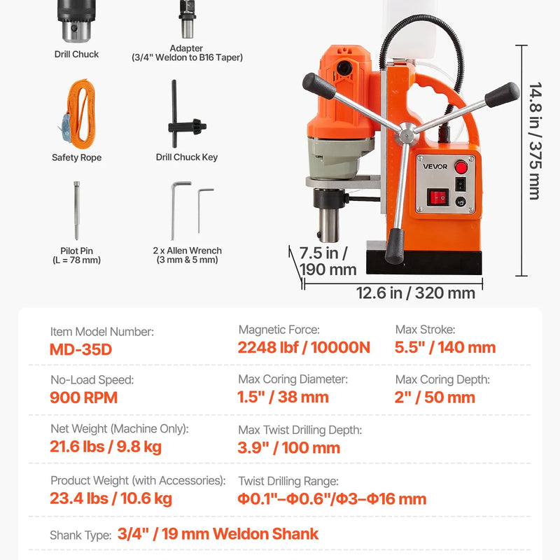 VEVOR magnētiskā urbjmašīna, 1200 W, 38 mm urbuma diametrs, 10 000 N magnētiskais spēks, 900 apgr./min. ātrums, ar Weldon stiprinājumu, efektīva dzesēšana, metāla virsmām, rūpniecībai un mājas darbiem