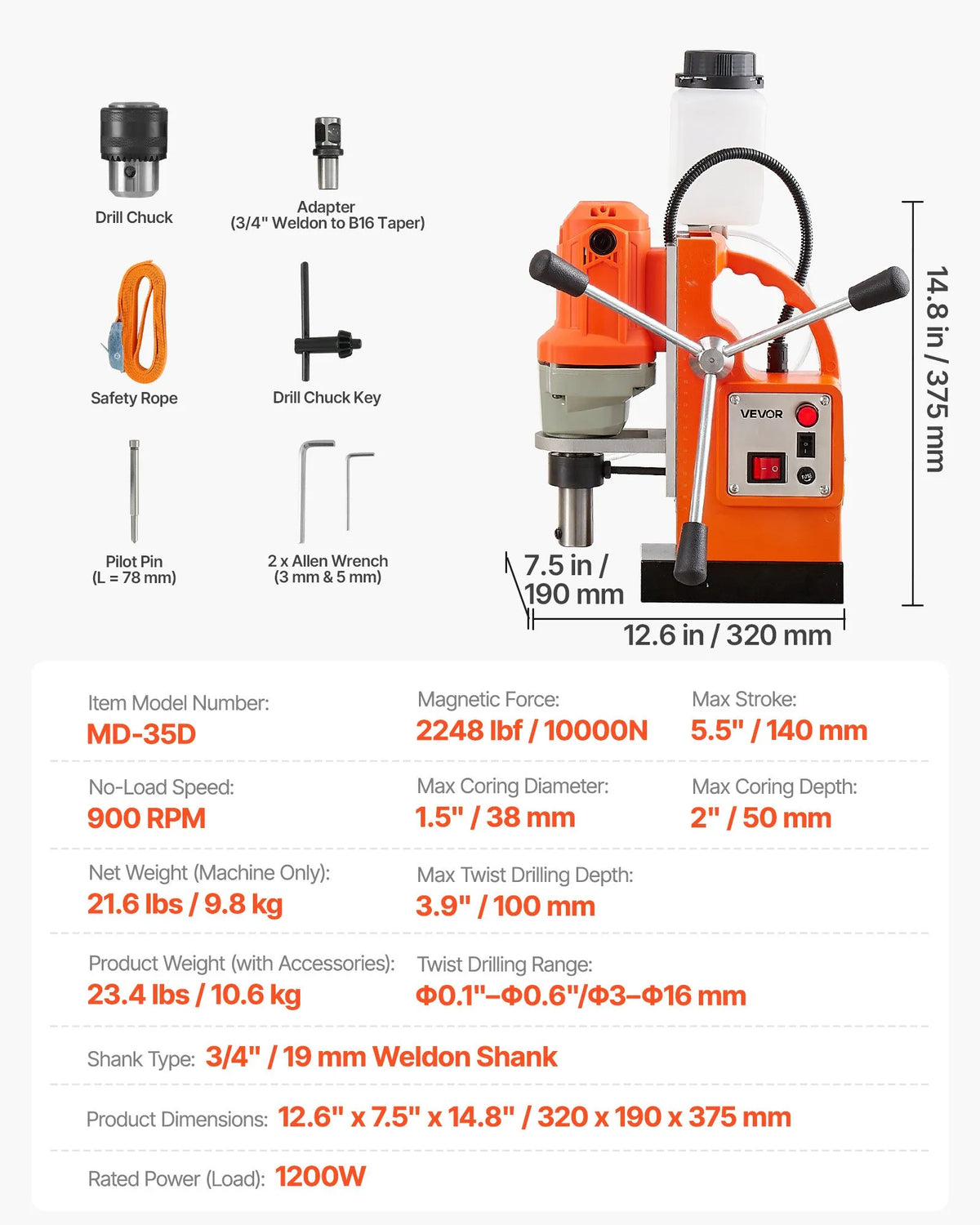 VEVOR Magnetic Drill Press, 1200 W, 38 mm Drilling Diameter, 10,000 N Magnetic Force, 900 RPM Speed, Weldon Chuck, Efficient Cooling, for Metal Surfaces, Industrial and Home Use