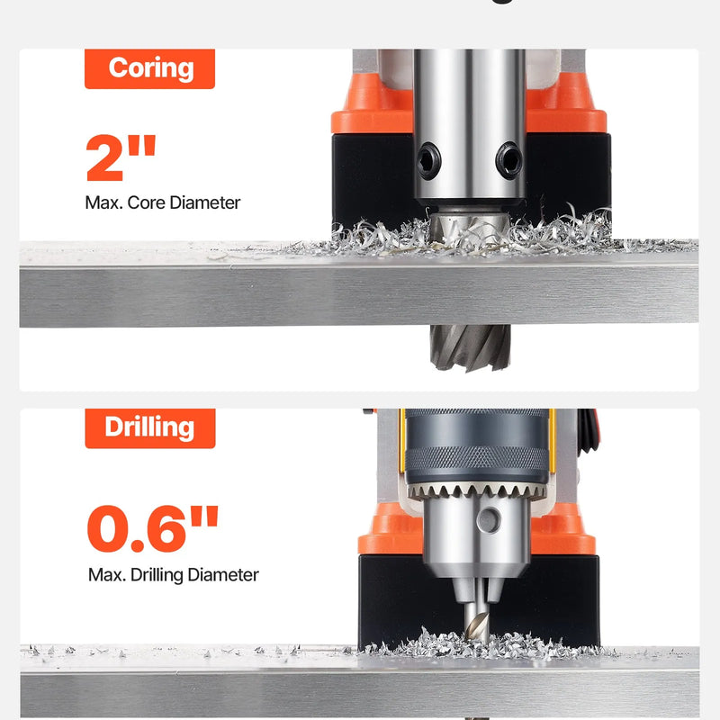 VEVOR magnētiskā urbjmašīna, 1350 W, 50 mm urbuma diametrs, 12 500 N jaudīga pārnēsājama magnētiskā urbjmašīna, 0–800 apgr./min regulējams ātrums, ar Weldon kātu, metāla virsmām, rūpniecībai un mājas darbiem