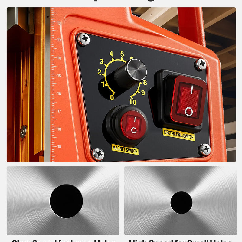 VEVOR magnētiskā urbjmašīna, 1350 W, 50 mm urbuma diametrs, 12 500 N jaudīga pārnēsājama magnētiskā urbjmašīna, 0–800 apgr./min regulējams ātrums, ar Weldon kātu, metāla virsmām, rūpniecībai un mājas darbiem