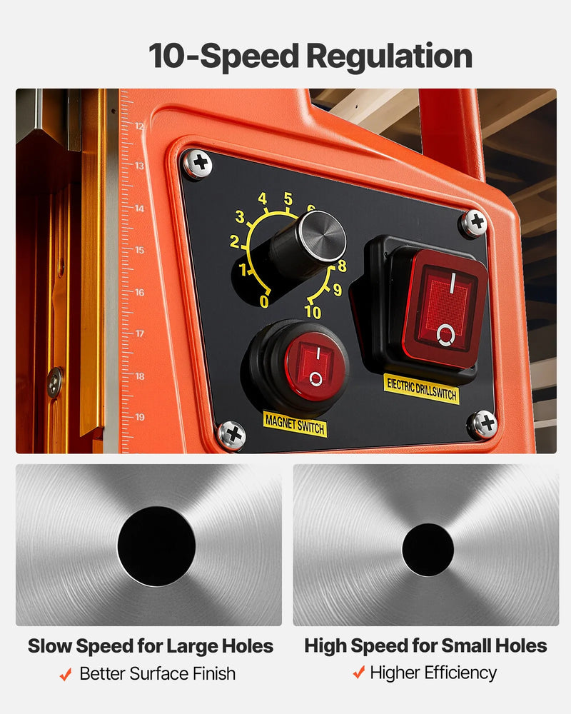 VEVOR magnētiskā urbjmašīna, 1350 W, 50 mm urbuma diametrs, 12 500 N jaudīga pārnēsājama magnētiskā urbjmašīna, 0–800 apgr./min regulējams ātrums, ar Weldon kātu, metāla virsmām, rūpniecībai un mājas darbiem