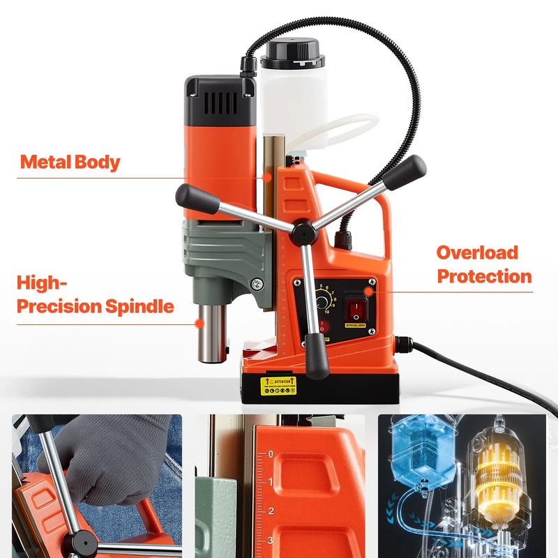 VEVOR magnētiskā urbjmašīna, 1350 W, 50 mm urbuma diametrs, 12 500 N jaudīga pārnēsājama magnētiskā urbjmašīna, 0–800 apgr./min regulējams ātrums, ar Weldon kātu, metāla virsmām, rūpniecībai un mājas darbiem