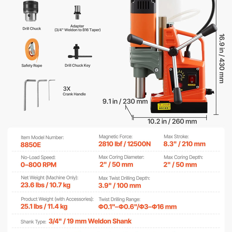 VEVOR magnētiskā urbjmašīna, 1350 W, 50 mm urbuma diametrs, 12 500 N jaudīga pārnēsājama magnētiskā urbjmašīna, 0–800 apgr./min regulējams ātrums, ar Weldon kātu, metāla virsmām, rūpniecībai un mājas darbiem