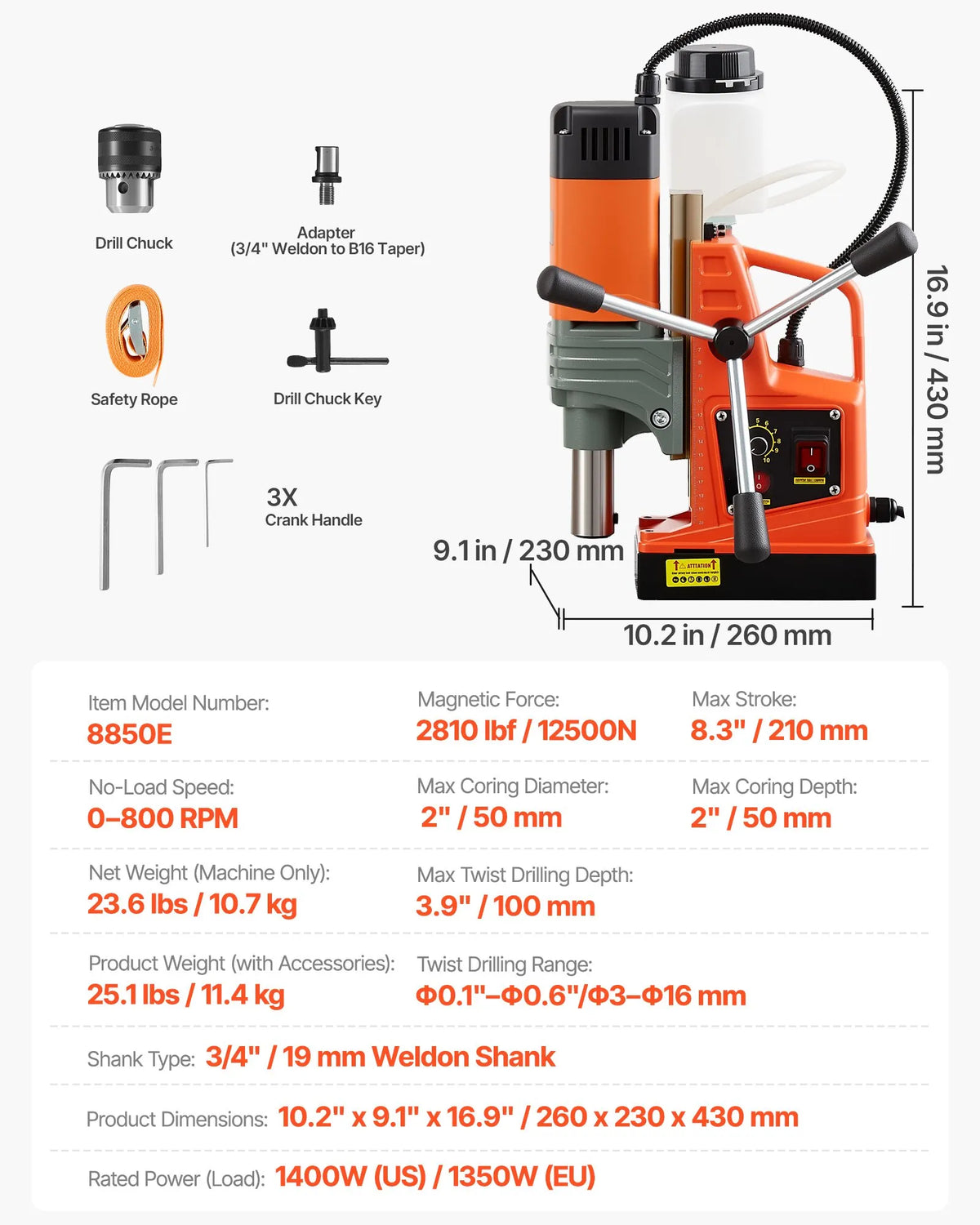 VEVOR Magnetic Drill Press, 1350 W, 50 mm Drilling Diameter, 12,500 N Powerful Portable Magnetic Drill, 0–800 RPM Adjustable Speed, with Weldon Shank, for Metal Surfaces, Industrial and Home Use