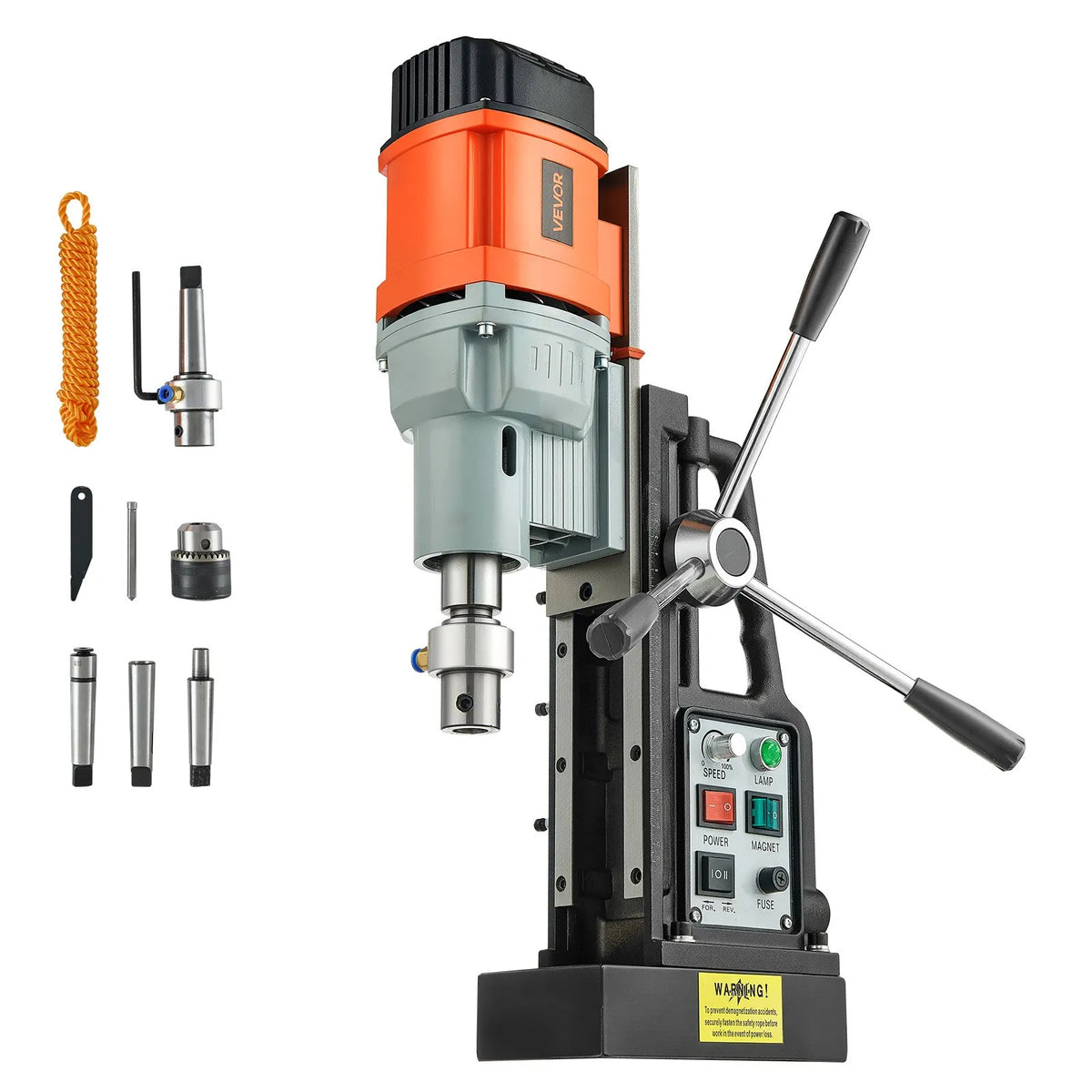 VEVOR Magnetic Drill Press, 1500 W, 60 mm Drilling Diameter, 13,000 N Powerful Magnetic Drill, 0–600 RPM Adjustable Speed, Morse Taper, M3–M16 Tapping, for Metal Surfaces, Industrial and DIY