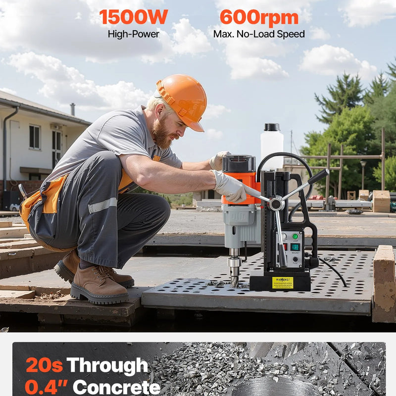 VEVOR magnētiskā urbjmašīna, 1500 W, 60 mm urbuma diametrs, 13 000 N jaudīga magnētiskā urbjmašīna, 0–600 apgr./min regulējams ātrums, Morse konuss, M3–M16 vītņošana, metāla virsmām, rūpniecībai un mājas darbiem