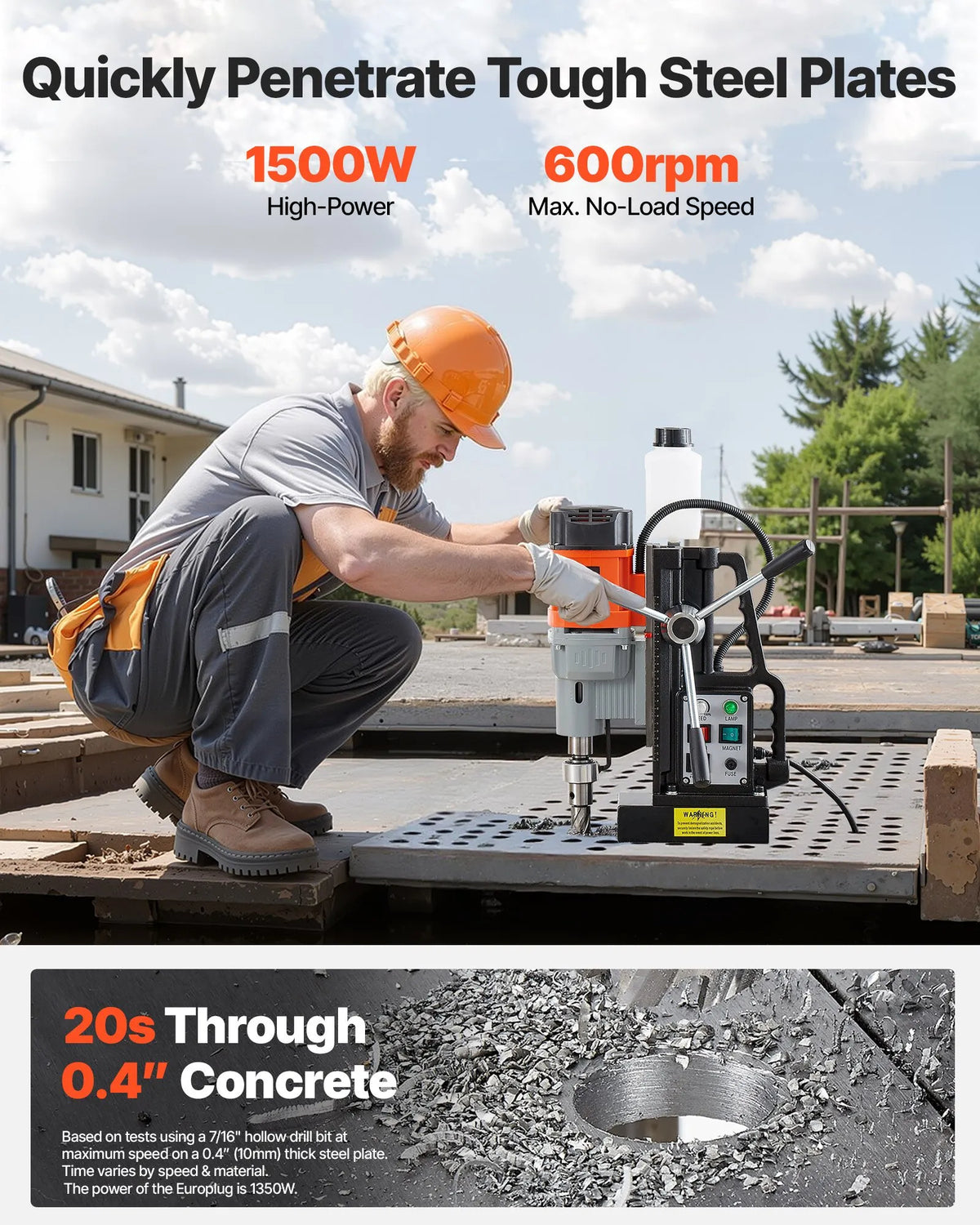 VEVOR Magnetic Drill Press, 1500 W, 60 mm Drilling Diameter, 13,000 N Powerful Magnetic Drill, 0–600 RPM Adjustable Speed, Morse Taper, M3–M16 Tapping, for Metal Surfaces, Industrial and DIY