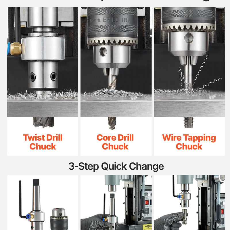 VEVOR magnētiskā urbjmašīna, 1500 W, 60 mm urbuma diametrs, 13 000 N jaudīga magnētiskā urbjmašīna, 0–600 apgr./min regulējams ātrums, Morse konuss, M3–M16 vītņošana, metāla virsmām, rūpniecībai un mājas darbiem