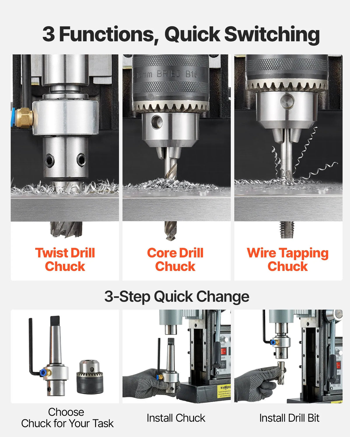 VEVOR Magnetic Drill Press, 1500 W, 60 mm Drilling Diameter, 13,000 N Powerful Magnetic Drill, 0–600 RPM Adjustable Speed, Morse Taper, M3–M16 Tapping, for Metal Surfaces, Industrial and DIY