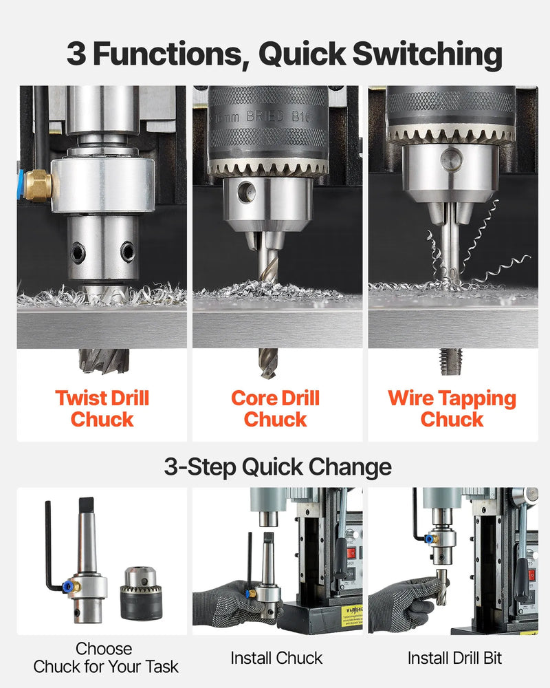 VEVOR magnētiskā urbjmašīna, 1500 W, 60 mm urbuma diametrs, 13 000 N jaudīga magnētiskā urbjmašīna, 0–600 apgr./min regulējams ātrums, Morse konuss, M3–M16 vītņošana, metāla virsmām, rūpniecībai un mājas darbiem