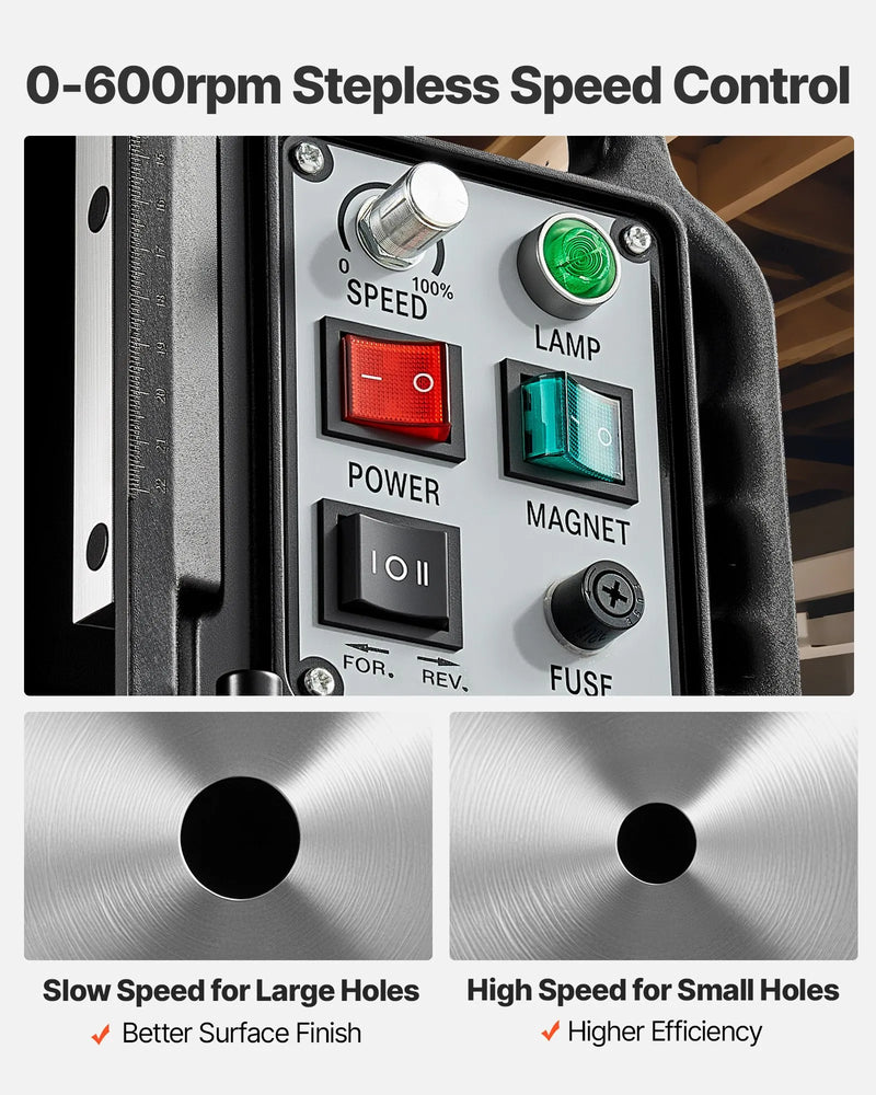 VEVOR magnētiskā urbjmašīna, 1500 W, 60 mm urbuma diametrs, 13 000 N jaudīga magnētiskā urbjmašīna, 0–600 apgr./min regulējams ātrums, Morse konuss, M3–M16 vītņošana, metāla virsmām, rūpniecībai un mājas darbiem