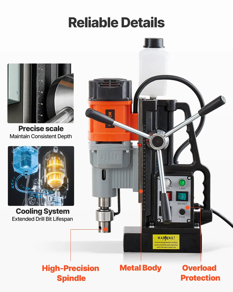 VEVOR magnētiskā urbjmašīna, 1500 W, 60 mm urbuma diametrs, 13 000 N jaudīga magnētiskā urbjmašīna, 0–600 apgr./min regulējams ātrums, Morse konuss, M3–M16 vītņošana, metāla virsmām, rūpniecībai un mājas darbiem
