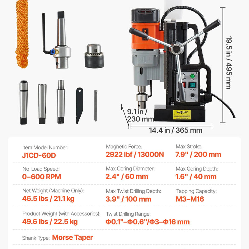 VEVOR magnētiskā urbjmašīna, 1500 W, 60 mm urbuma diametrs, 13 000 N jaudīga magnētiskā urbjmašīna, 0–600 apgr./min regulējams ātrums, Morse konuss, M3–M16 vītņošana, metāla virsmām, rūpniecībai un mājas darbiem