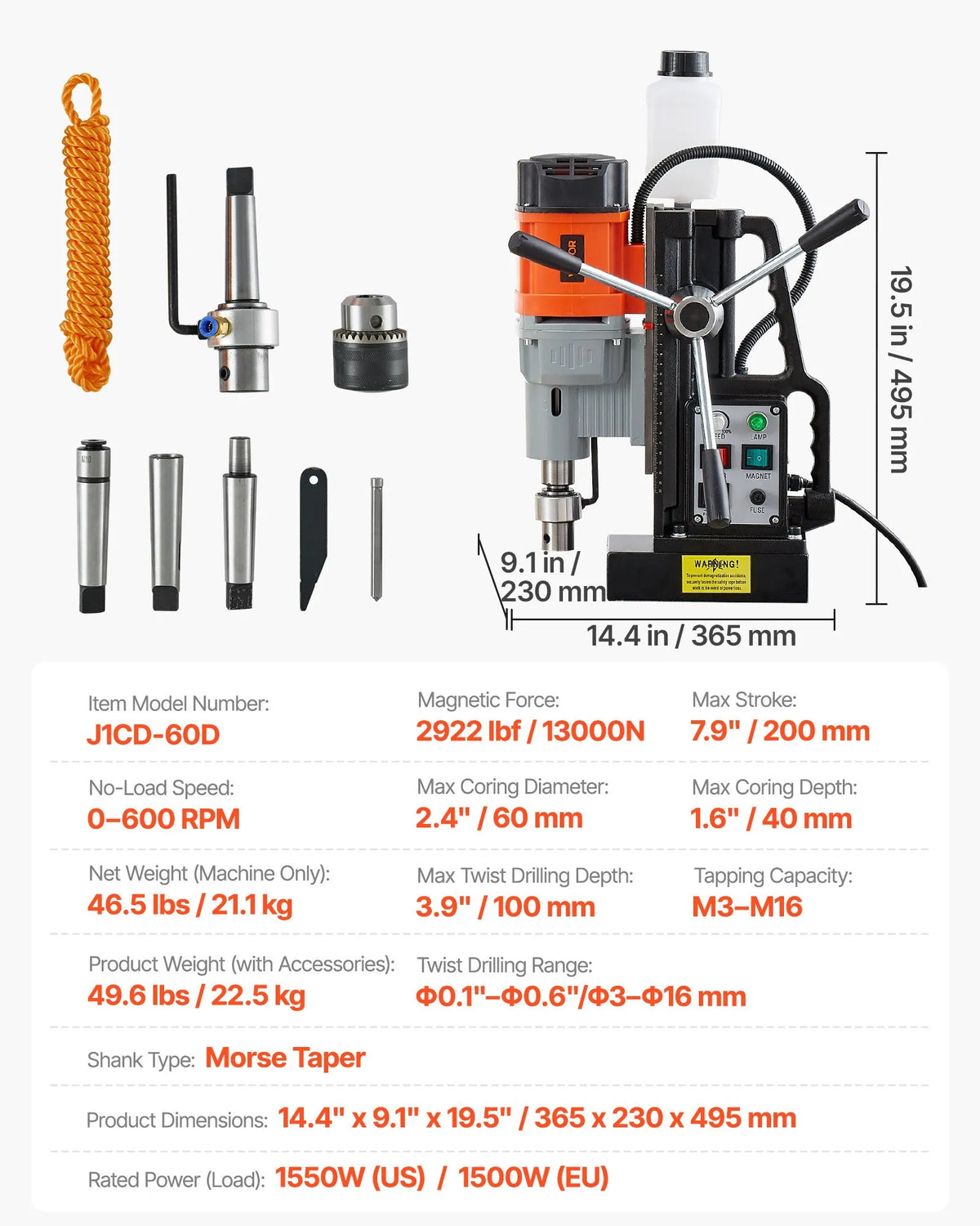 VEVOR Magnetic Drill Press, 1500 W, 60 mm Drilling Diameter, 13,000 N Powerful Magnetic Drill, 0–600 RPM Adjustable Speed, Morse Taper, M3–M16 Tapping, for Metal Surfaces, Industrial and DIY