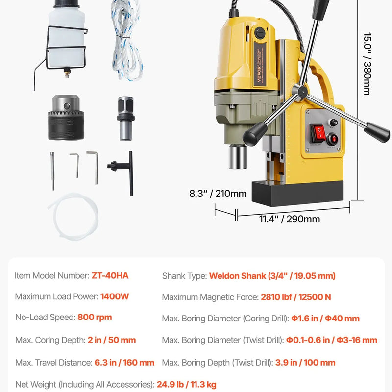 VEVOR magnētiskā urbjmašīna, 1400 W motors, 40 mm urbuma diametrs, 12 500 N pārnēsājama elektriskā magnētiskā urbjmašīna, 800 apgr./min bezslodzes ātrums, urbjmašīna metāla virsmām, rūpniecībai un mājas darbiem