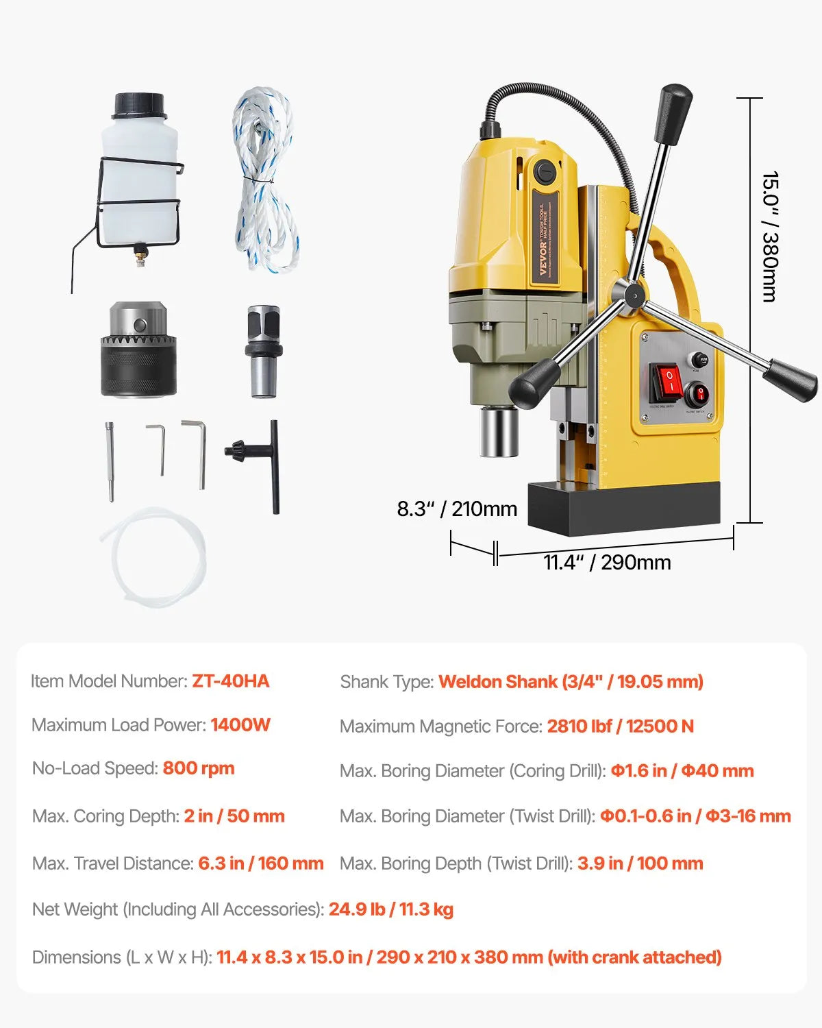 VEVOR Magnetic Drill Press, 1400 W Motor, 40 mm Drilling Diameter, 12,500 N Portable Electric Magnetic Drill, 800 RPM No-Load Speed, Metal Surface Drilling Machine for Industrial and Home Use
