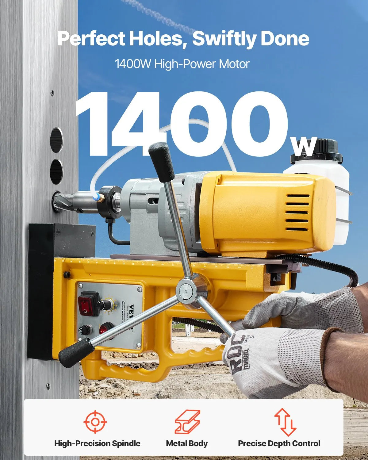 VEVOR Magnetic Drill Press, 1400 W Motor, 50 mm Drilling Diameter, 13,000 N Portable Electric Magnetic Drill Press, 0–750 RPM Variable Speed, Metal Drilling Machine for Industrial and Home Use
