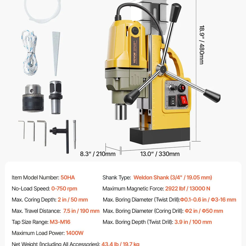VEVOR magnētiskā urbjmašīna, 1400 W motors, 50 mm urbuma diametrs, 13 000 N pārnēsājama elektriskā magnētiskā urbjpresa, 0–750 apgr./min. maināms ātrums, urbjmašīna metāla virsmām, rūpniecības un mājas darbiem
